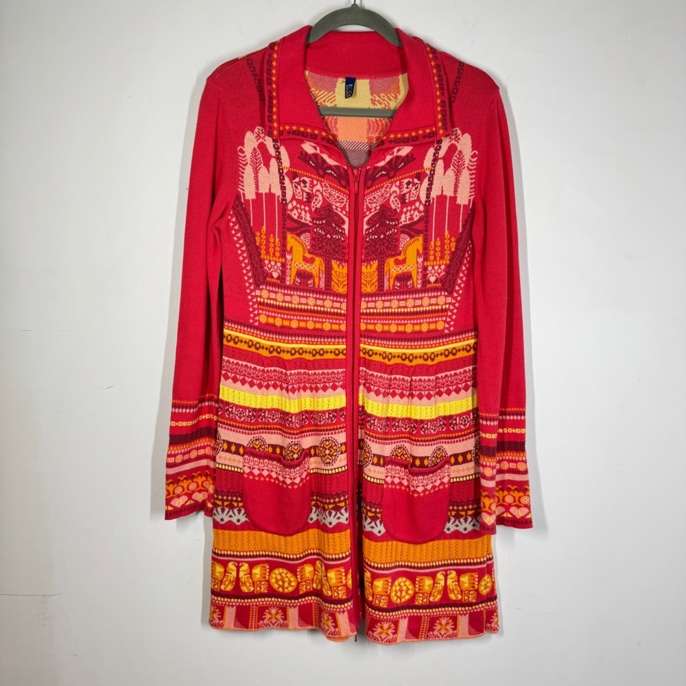 KOOI Knit Vibrant Red Orange Patterned Cardigan Nordic Fair Isle Zip Cotton - Picture 2 of 16